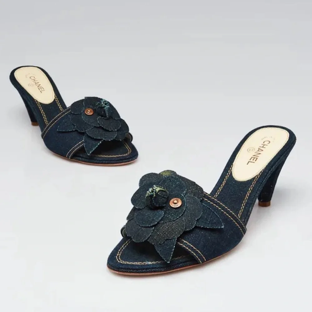 Vintage Chanel Denim Camellia Mules - Size 40.5 (Karl Lagerfeld Era
